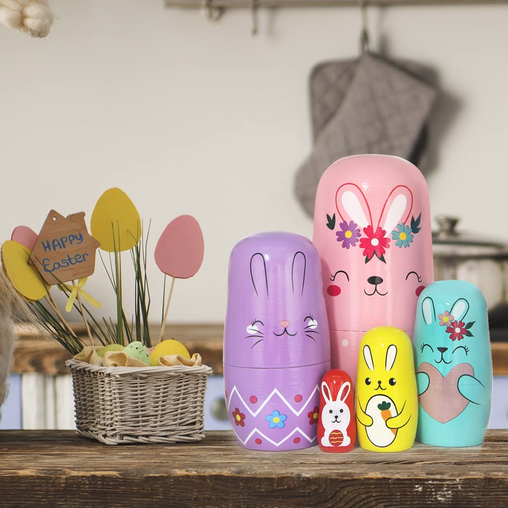 Lot de 5 poupées gigognes de Lapin en Bois, Lapin Animal de Dessin animé avec Carotte matriochka poupées Russes Jouet empilable pour Enfants Cadeau d'anniversaire Pâques