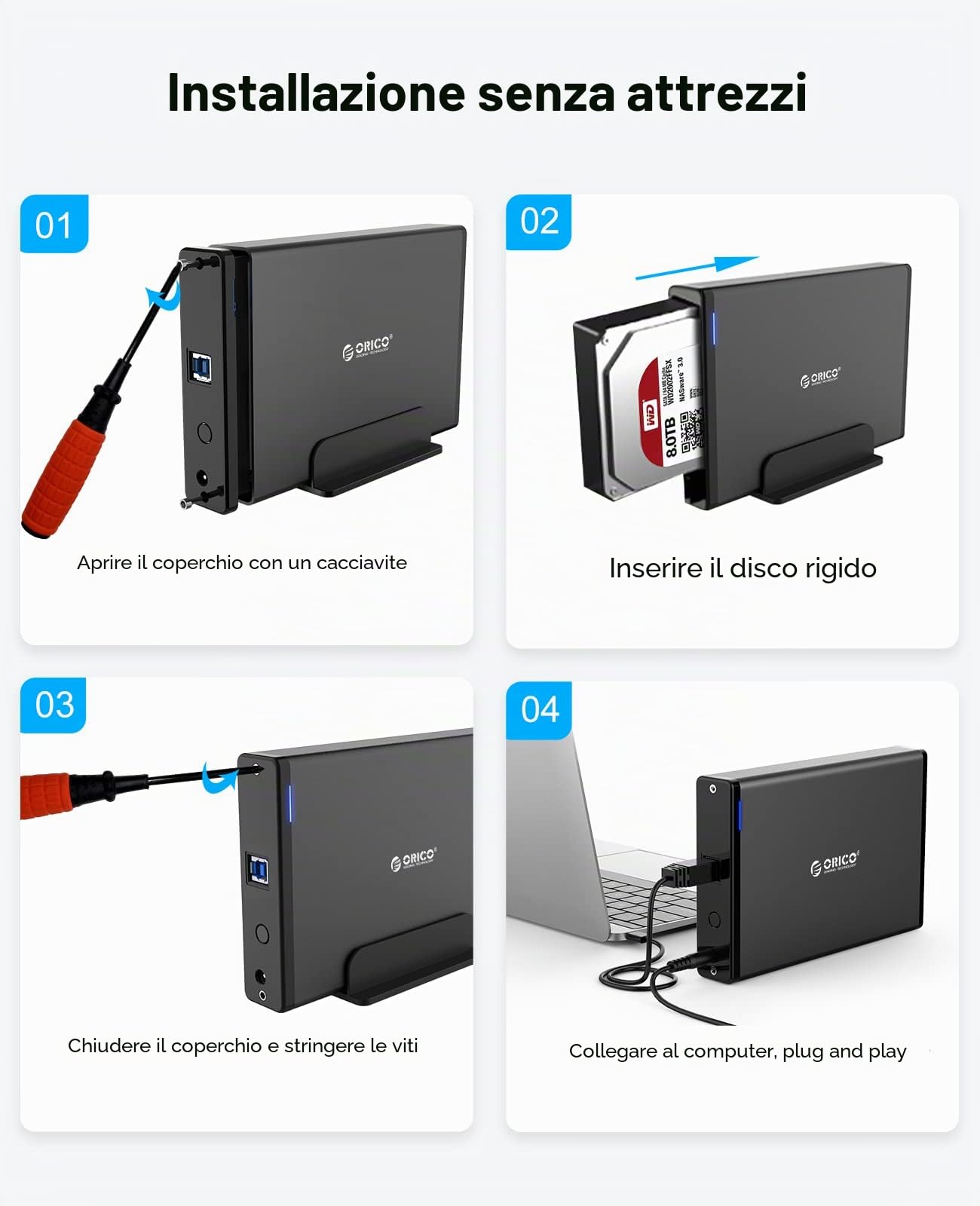 ORICO Custodia Esterna Disco Rigido da 3,5 Pollici con Telaio Rimovibile, USB 3.0 a SATA 3.0 per SATA / HDD / SSD Supporto 16TB e UASP,Viti di Blocco,Alluminio(Nero 7688U3)