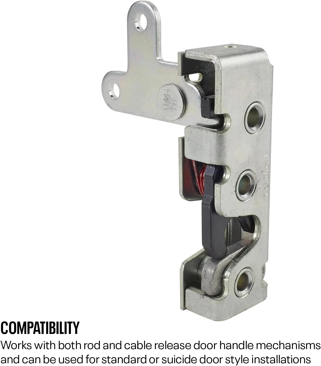 Speedway Motors Universal Slim-Line Bear Jaw Left Door Latch, Zinc Plated Steel Two-Stage Design for Small Car Doors, Works with Standard or Suicide Door Installations
