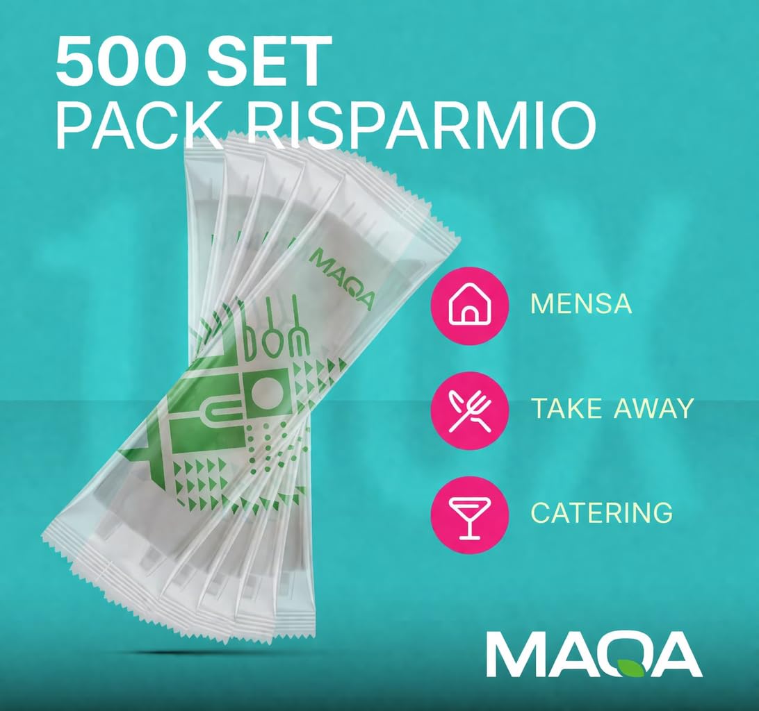 500 Set Posate Biodegradabili e Compostabili + Tovagliolo - Forchetta e Coltello Imbustati Singolarmente – Resistenti per Cibi Caldi fino a 70°C – Ideali Come Posate Da Viaggio, Eventi, Ristorazione