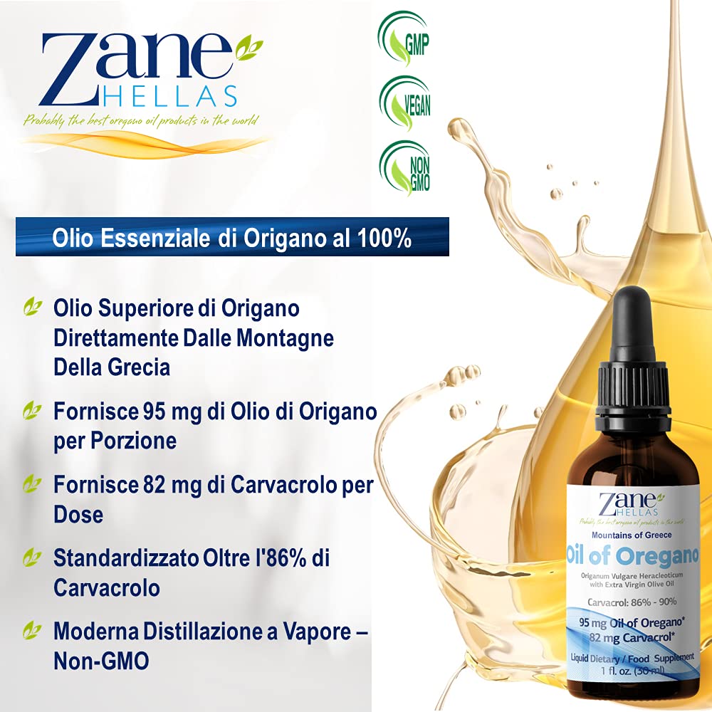 Zane Hellas 50% Olio di origano. Puro Olio Essenziale Greco Puro di Origano .86% Carvacrolo Min. 82mg Carvacrolo per porzione.1fl.oz.- 30ml