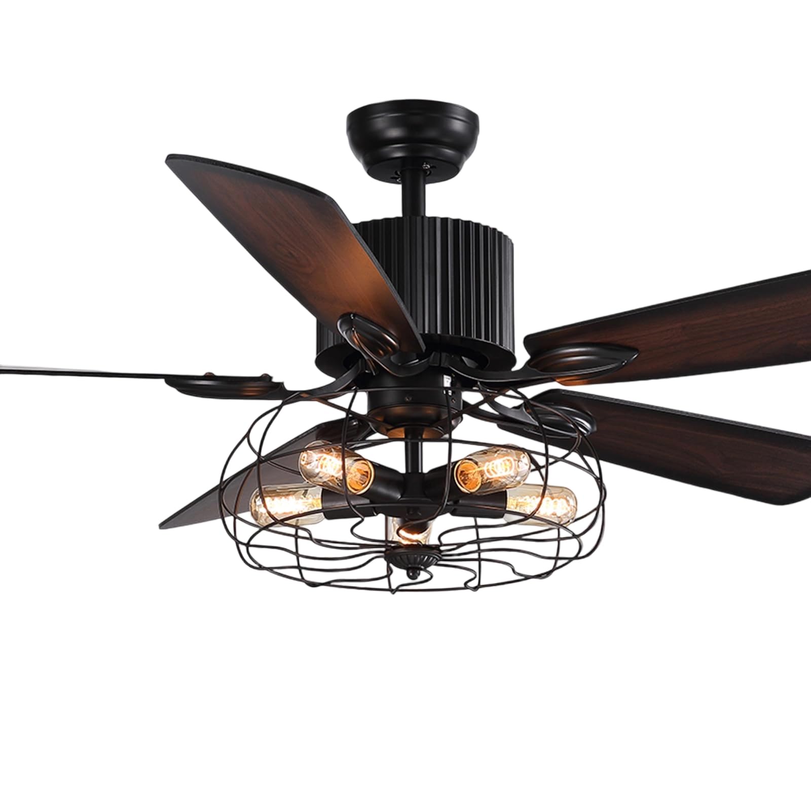 Industrial Caged Ceiling Fan Light with Remote Control 52 Inch Vintage Ceiling Fan Light Farmhouse Black Retro Indoor Fandelier with 5 Reversible Wood Blades for Living Room Bedroom