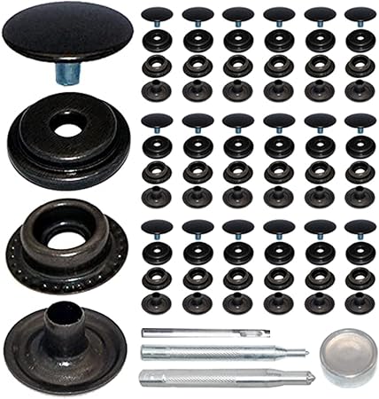 18Sets 15mm Stainless Steel Fastener Snap Press Stud Button with Punching Tools Kits for Coats Bags Leathers Marine Boat Canvas Silver Line 24 Gunmetal Black