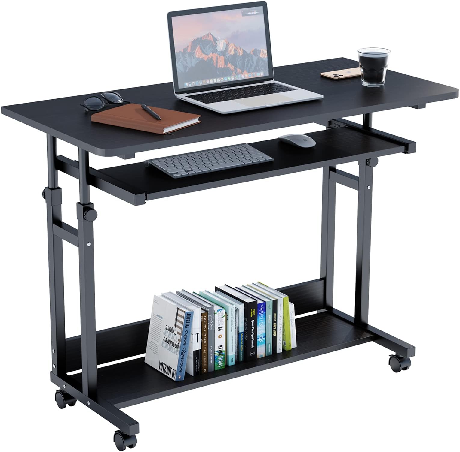 Dripex Computer Desk Mobile, Portable Office Desk with Movable Wheels, Height Adjustable Study Desk, Home Office Desk with Keyboard Tray and Shelf for Small Spaces (Black)