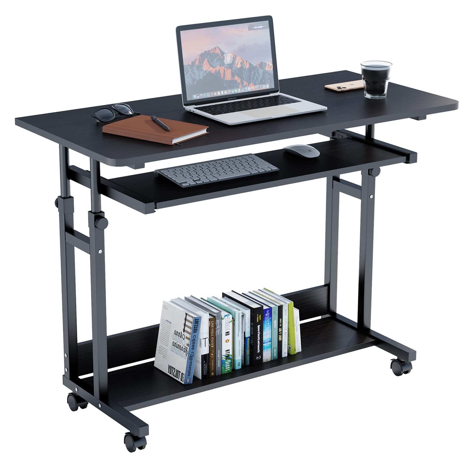 Dripex Computer Desk Mobile, Portable Office Desk with Movable Wheels, Height Adjustable Study Desk, Home Office Desk with Keyboard Tray and Shelf for Small Spaces (Black)