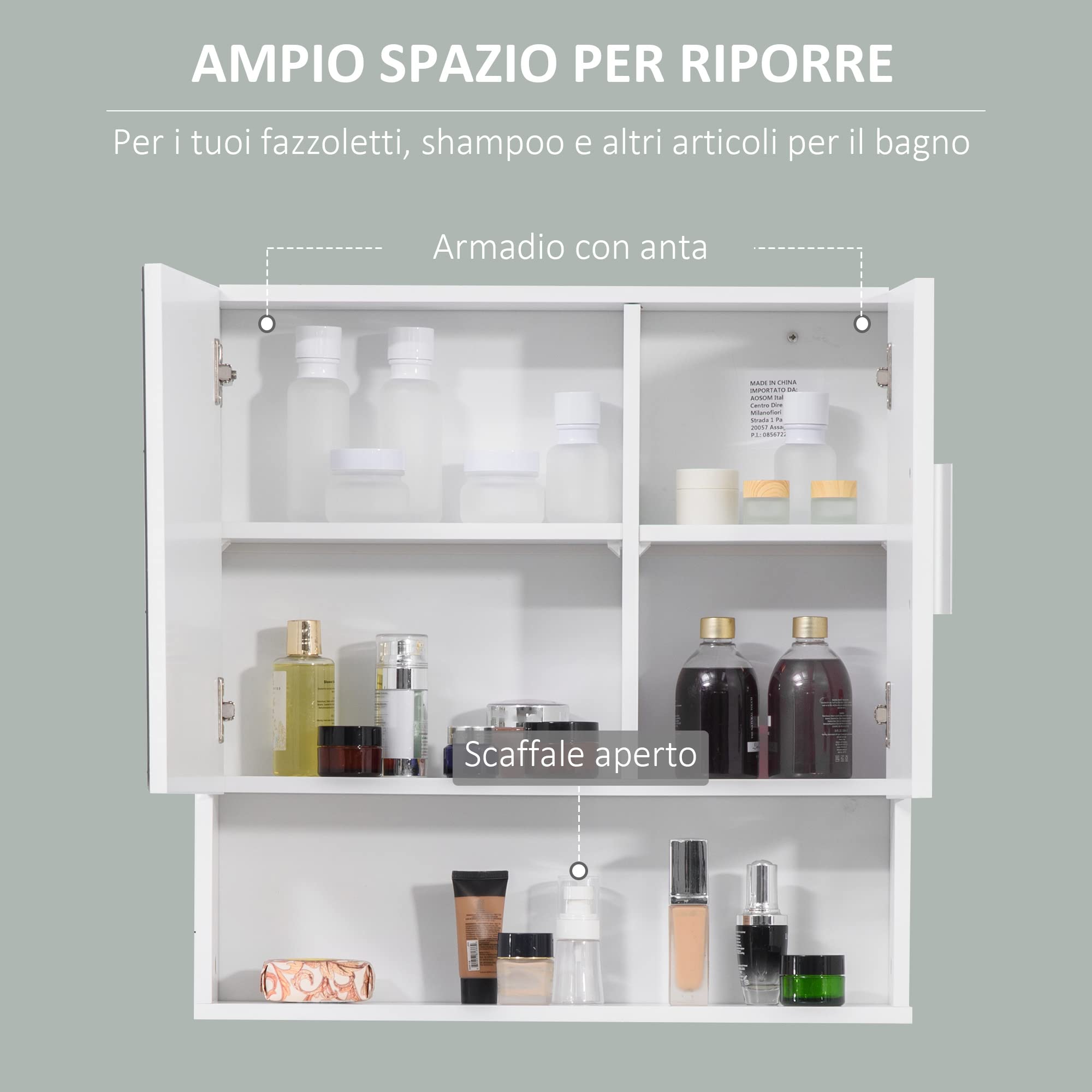 kleankin Specchio Bagno Contenitore con Mensole Regolabili, Specchiera Bagno con Contenitore a 2 Ante e Ripiano Aperto in Legno e Vetro, 54x15.2x55.3 cm, Bianco