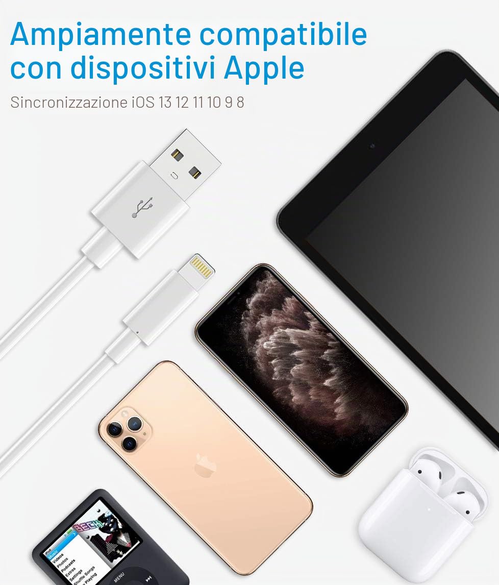 Quntis Cavo iPhone Certificato MFi 3Pezzi 1M, Cavo Lightning a USB Compatibile con iPhone 14 13 12 SE 2020/11/11 Pro/11 PRO Max/X/XS/XS Max/XR/8/8 Plus/7/7 Plus/6s/6s Plus/6/6P/5c/5s/5, iPad Airpods