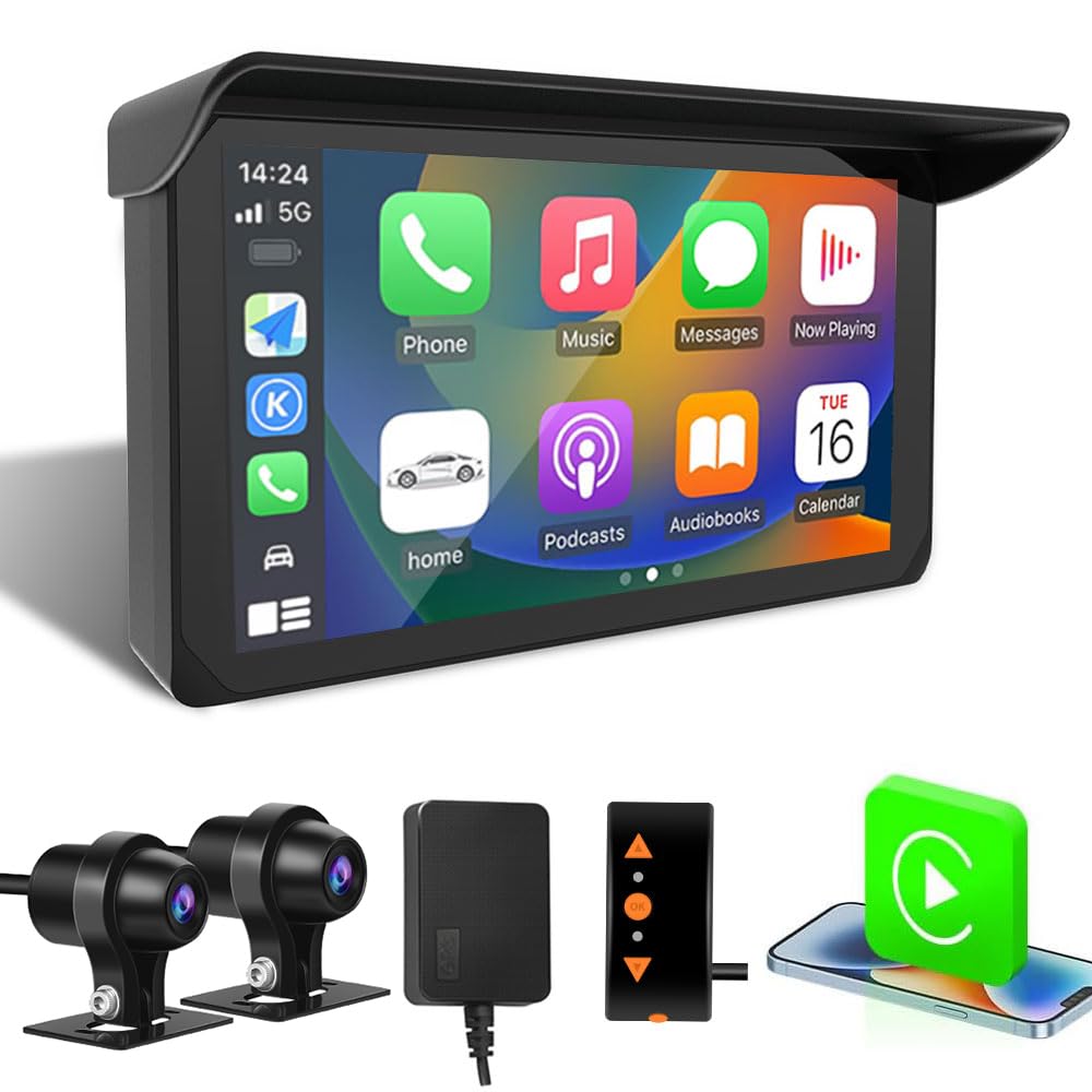 VSYSTO Motorrad Carplay Bildschirm, Kabelloses CarPlay und Android Auto, 5.0 Zoll Tragbare Wasserdichtem Touchscreen 1080P Motorrad-Kamera mit GPS Navigation, Bluetooth, Parkmonitor, Rückfahrkamera