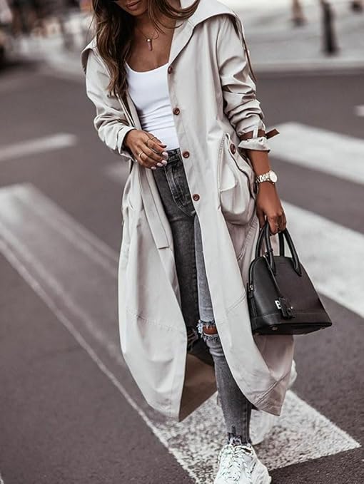 Shownicer Femme Veste Manches Longues Revers Long Trench Coat