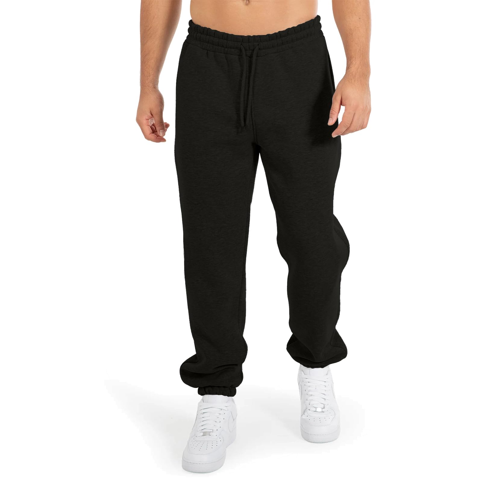 Netsetuk Men's Black Fleece Jogging Bottoms Elasticated Joggers Cuffed Sweatpants With Zipper Pockets Drawstring Trousers Pants Gym Sport Workout