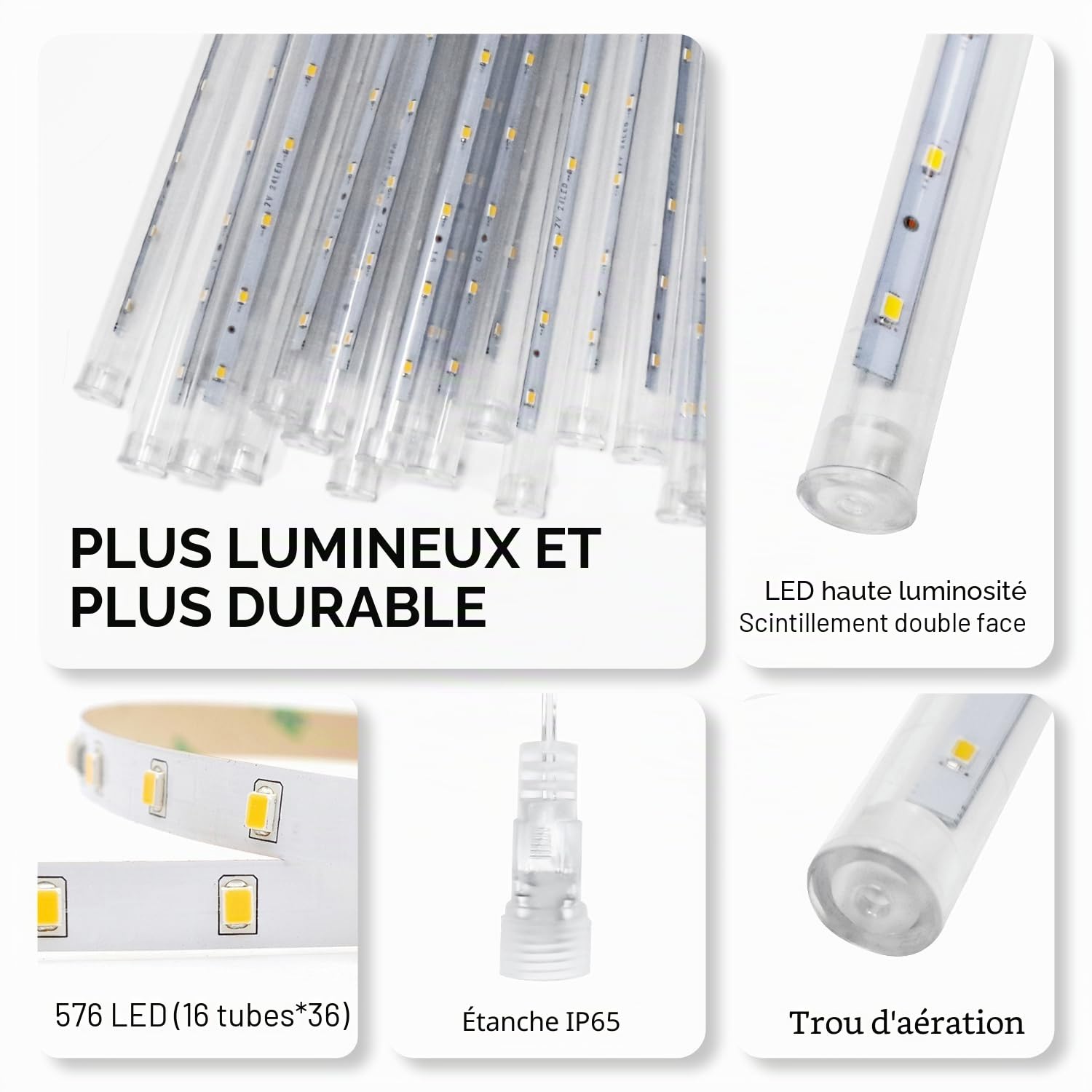 PEMOTech Guirlande Lumineuse de Noël Extérieure, 16 Tubes 40 CM 576 LED Pluie de Météores, Décoration Étanche pour Fête, Arbre, Jardin