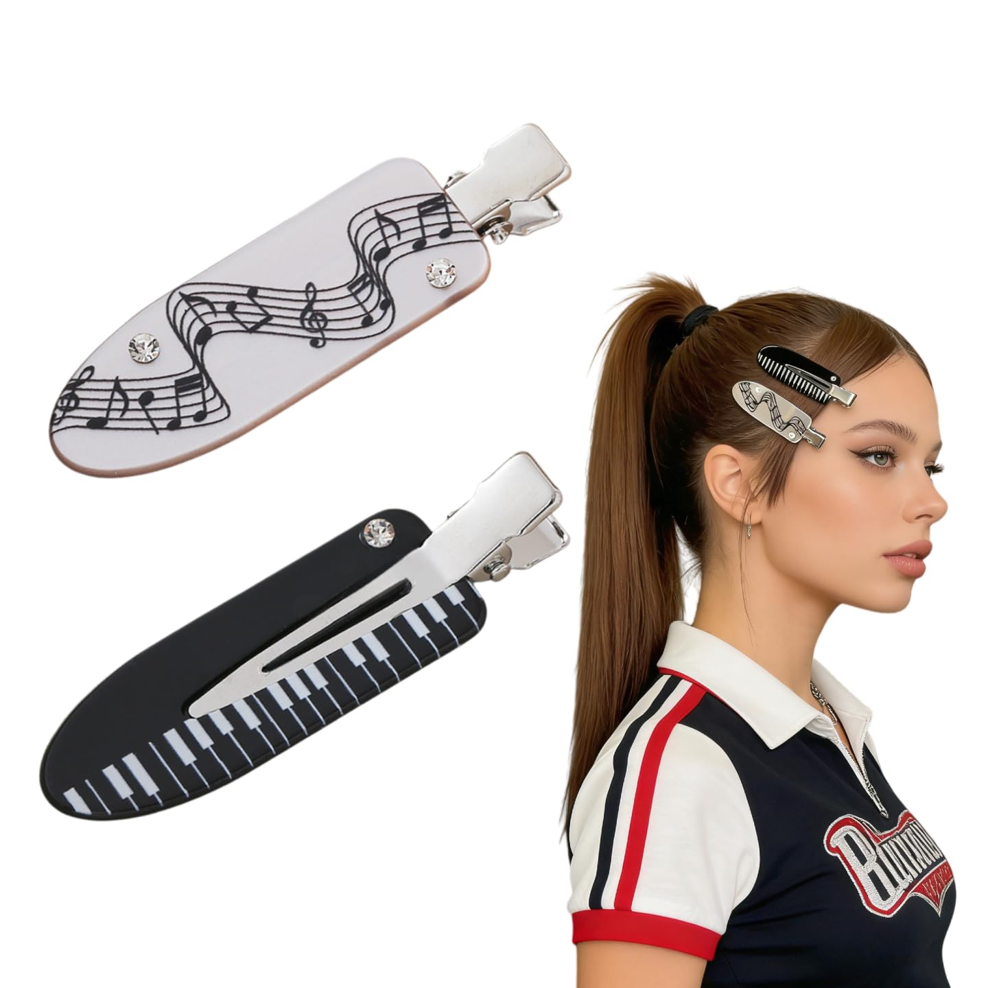 2Pcs Cute Music Note &Piano Printed Hair Clips with Sparkly Rhinestone Decor - Traceless Flat Barrettes for Women Thin Thick Hair, No Crease Styling Accessories for Makeup