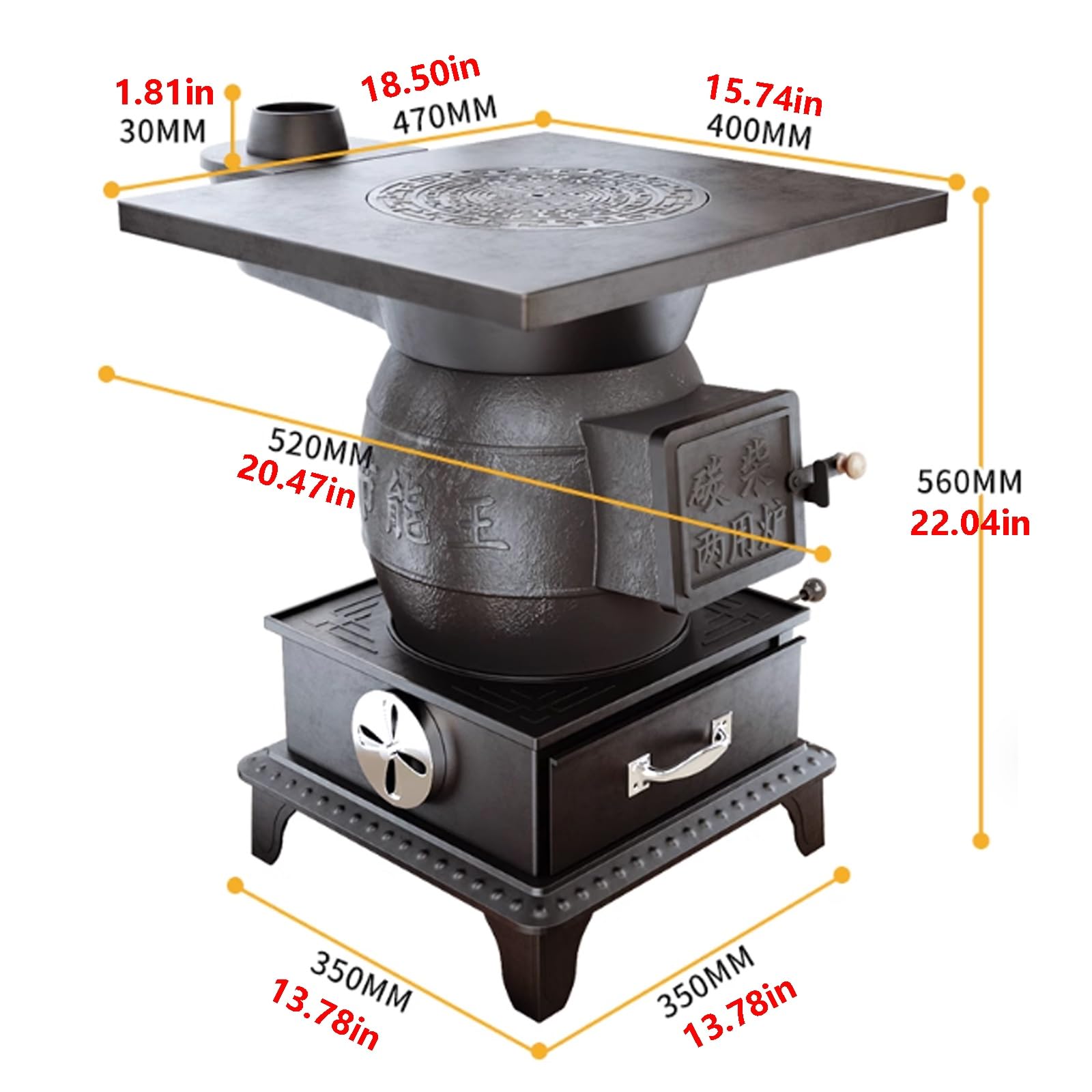 Estufa de leña para interiores con múltiples combustibles, hierro fundido con forro de horno grueso para calefacción y cocina del hogar, chimenea opcional