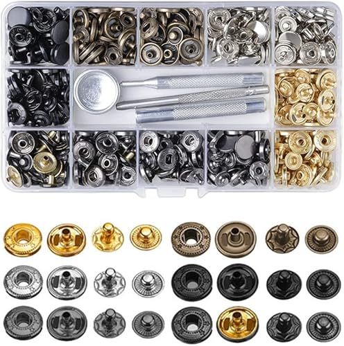 Kit de 360 piezas de cierre a presión de cuero resistente de 0.59 pulgadas, botón a presión de metal, remaches con 4 herramientas de