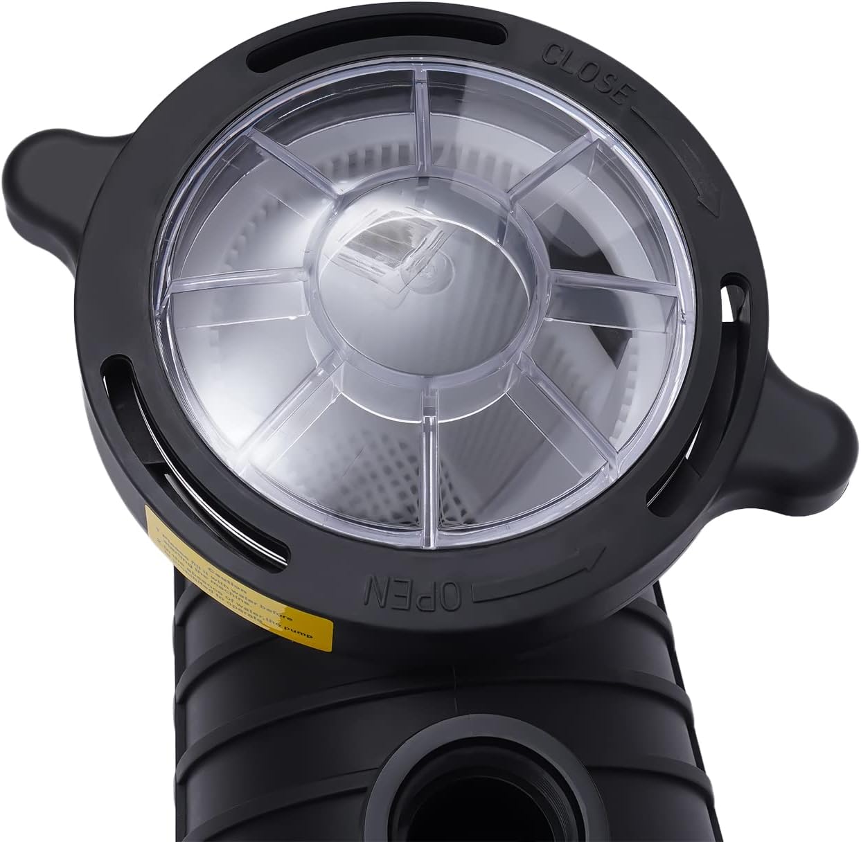 Close-up of the transparent cover on the AOOCHU HBP1500II pool pump's strainer basket.
