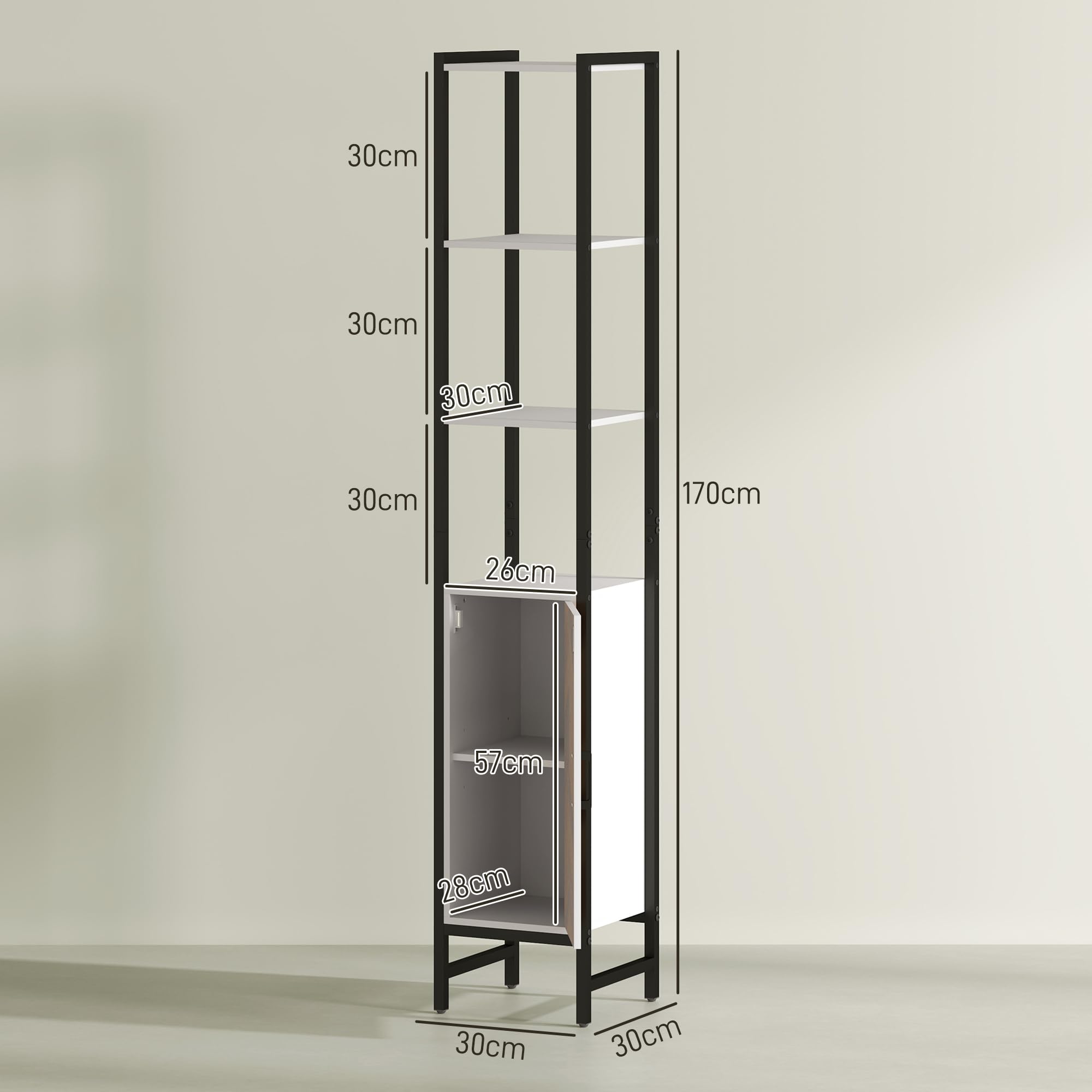 HOMCOM Armario Alto de Baño Columna Almacenaje 30x30x170 cm Blanco/Nogal | 3 Estantes Abiertos, 1 Puerta, Estante Ajustable, Mueble Auxiliar de Baño, Sistema Anti-vuelco