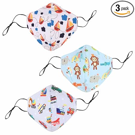 Chicco ComfyPro Face Mask, Effective Against 95% Particles, Soft & Breathable, Comfortable Nose Band, Adjustable & Reusable, Design- Car, Jungle, Ship, for Kids 3-6Y (Pack of 3), White, S