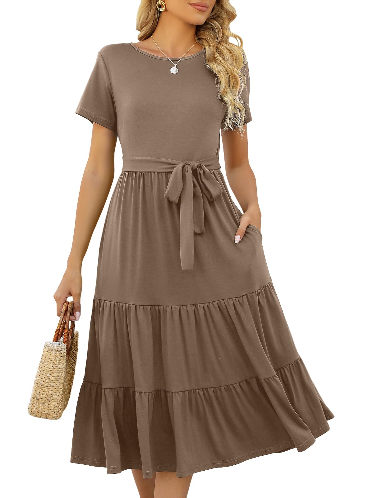 Lyrur Women's Summer Casual Short Sleeve Modest Teacher Church Midi Dress | Crew Neck, Tie Waist, Side Pockets, Flowy A-Line Fit for School Work Outfits for Educators, Office, Classroom and Daily Wear