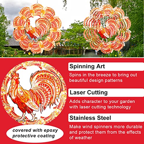 Rooster Wind Spinner Hanging, 3D Wind Spinners Outdoor Garden Decor, 12In Cock Spinning Yard Art Metal Large Ornaments, Stainless Steel Wind Catcher Chicken For Backyard, Red Gold Wind Sculptures Gift #TOP3