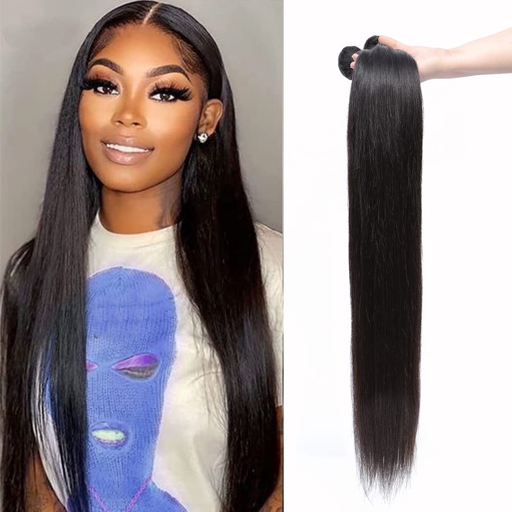 Brazilian Virgin Straight Human Hair Bundles 100% Unprocessed Straight Human Hair 1 Bundles Double Weft Natural Black Color (24Inch, straight bundles)