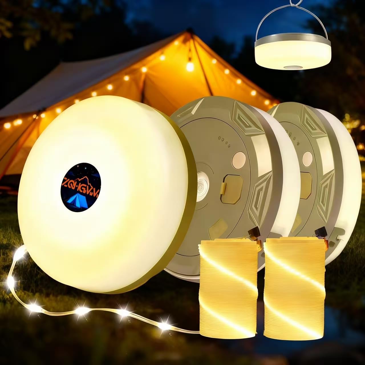 2-Pack Warm Camping String Lights 4-in-1 Quick-Closing 32 8-Foot Rechargeable Tent Lights 8 Lighting Modes Portable LED Lights