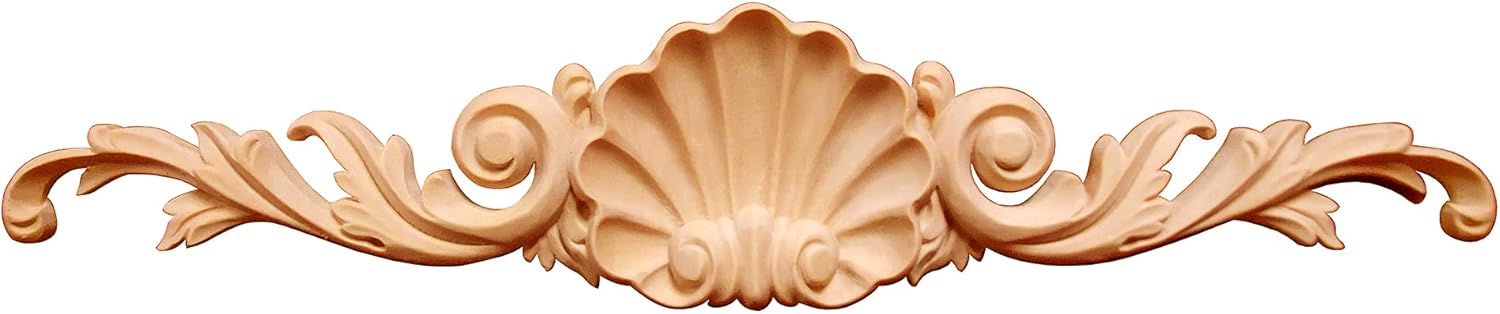 SUNHAWK Wood Carved Shell Scroll Leaf Onlay 15-1/2"W Applique for Night Stand, Wall Panel, Door, and Furniture (Red Oak)
