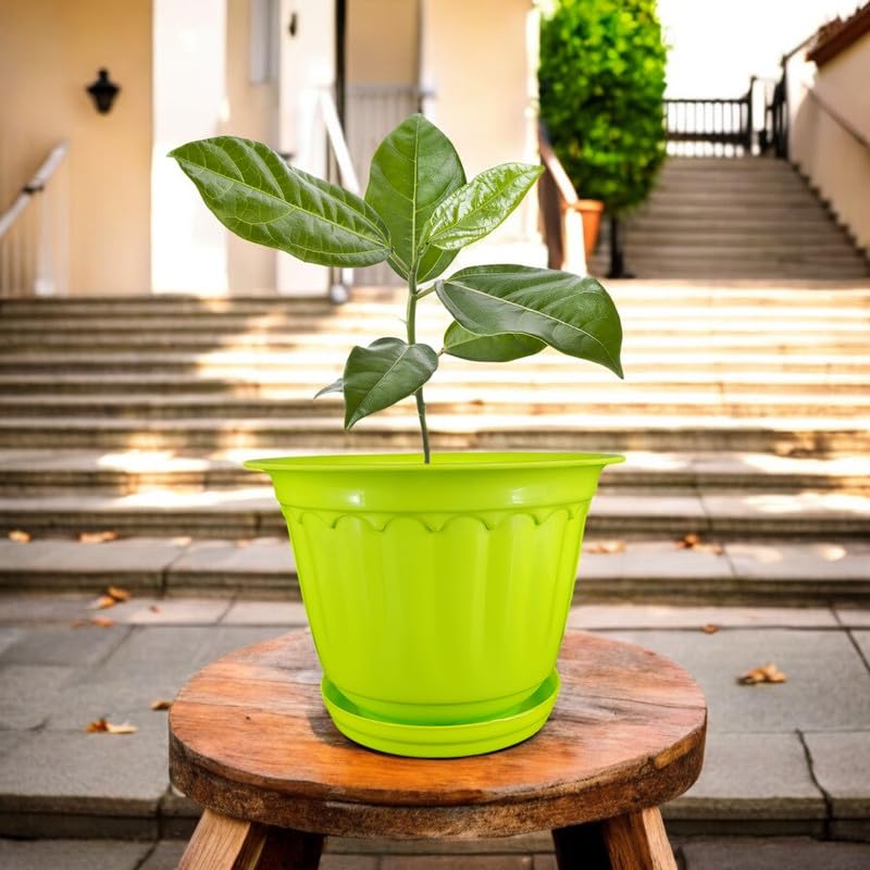 Image of GARDENS NEED 8 Inches Jasmine Round Flower Pot with Tray | Set of 4 | Lemon Green | Plastic Planter Pots for Indoor & Outdoor Home, Office & Balcony Decoration