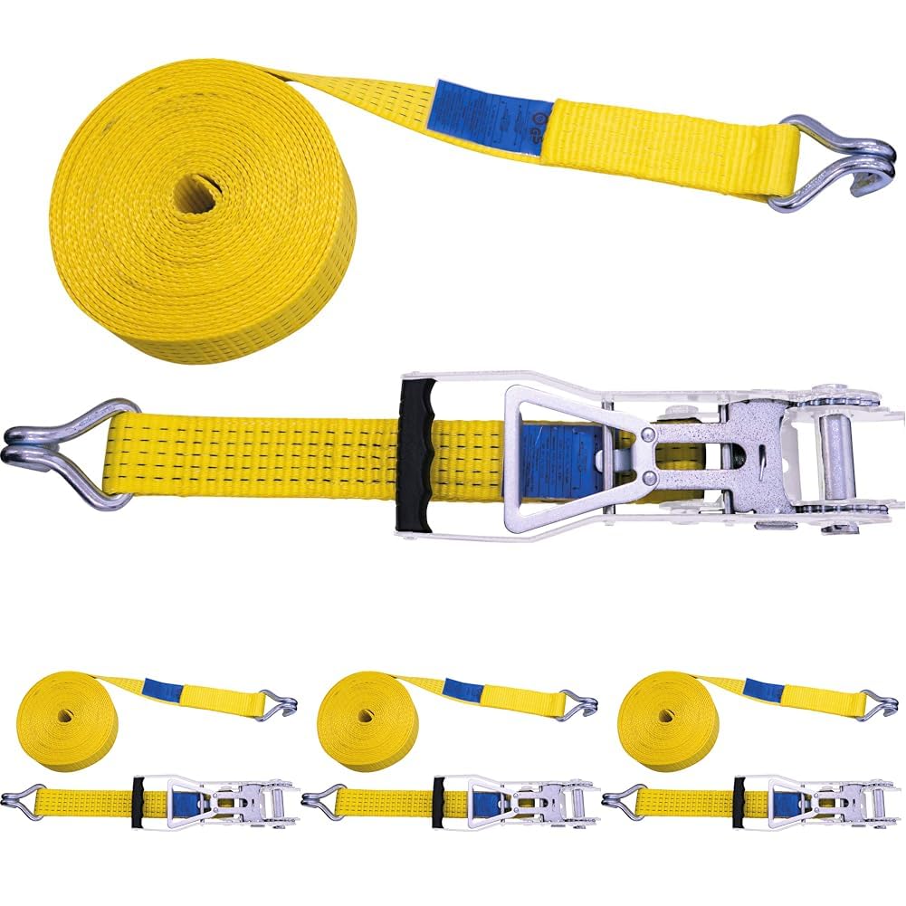 PETEX 43193419 Ratschenspanngurt 2-Teilig, 8 M, 50 mm, 2500/5000 Dan, Doppelspitzhaken, Ratsche 35 cm, Gelb (Packung mit 4)