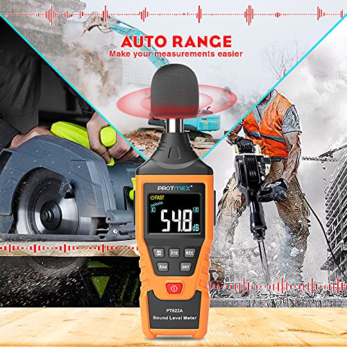 Image of Protmex PT622A Sound Level Meter, Digital Decibel Reader Measurement, Range 30-130 dB with Large LCD Screen Display, Accuracy 1.5dB Noise Meter, Fast and Slow Selection