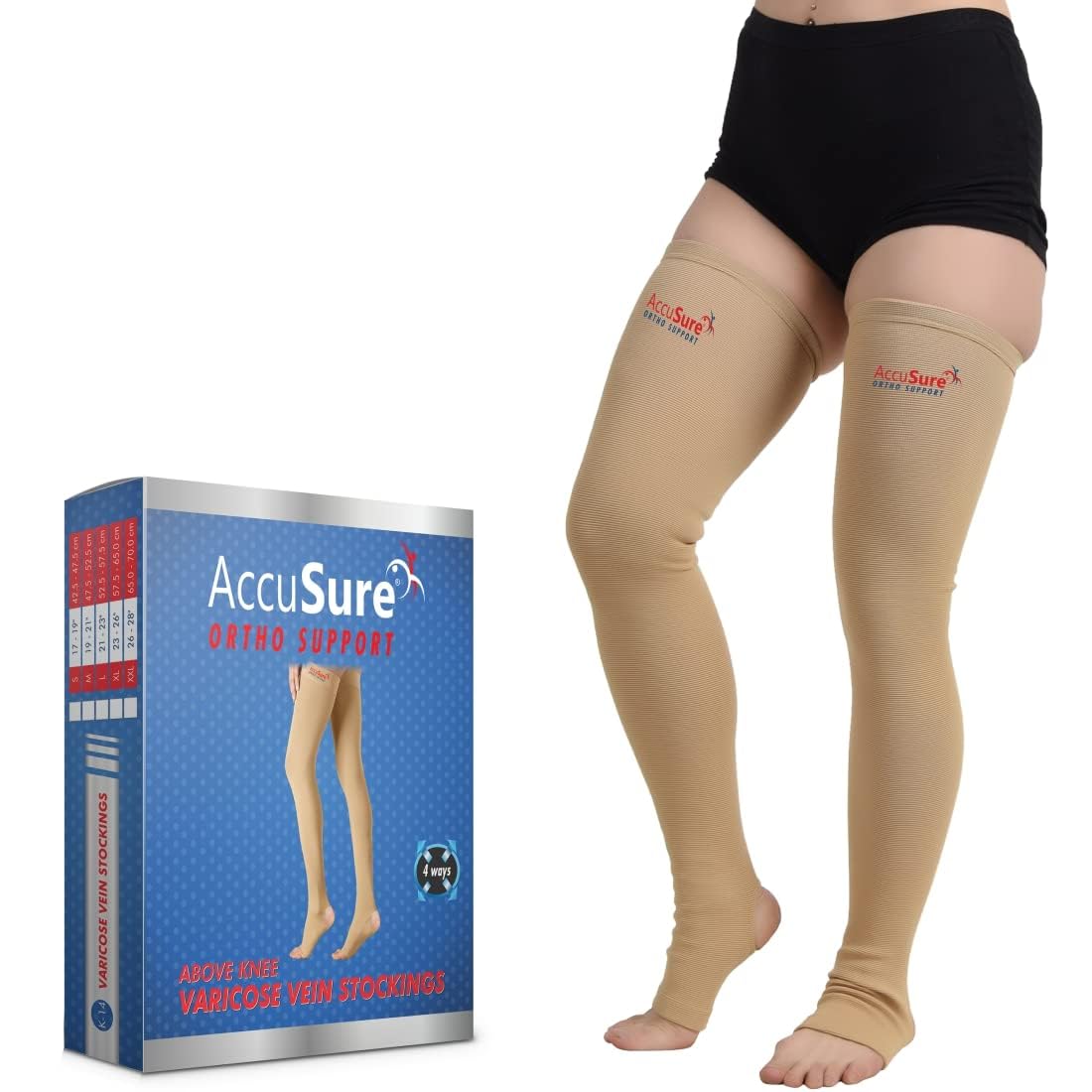 Suman SurgicoAccu-Sure Medical Vein Stockings (Anatomical Shape,Easy to use, Non Slippagen, Durable)-Thigh Length for Varicose Veins Can Be Used By Men & Women (S)