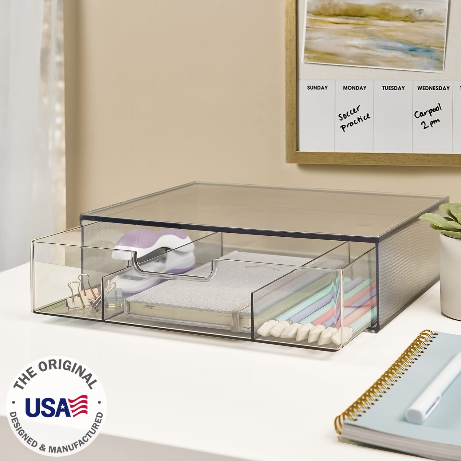 STORi STAX Plastic Stackable Divided 3-Compartment Organizer Drawer in Classic Grey | 12.5-inches Wide | Organize Office Desk Accessories and Sort Letter-Size Paper | Made in USA