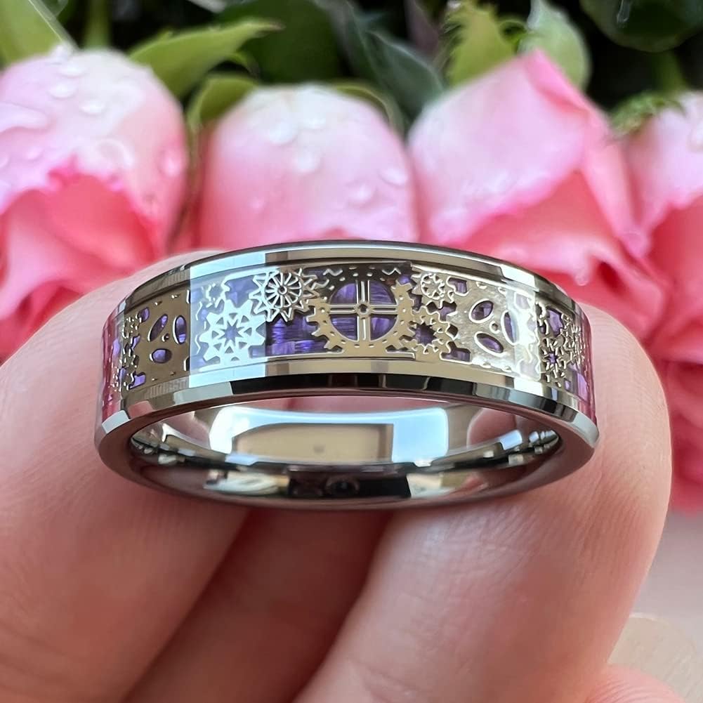 TUTISS 6mm 8mm Tungsten Rings for Men Women Purple Carbon Fiber Steampunk Gear Inlay Engagement Wedding Bands Beveled Edges Polished Shiny Comfort Fit