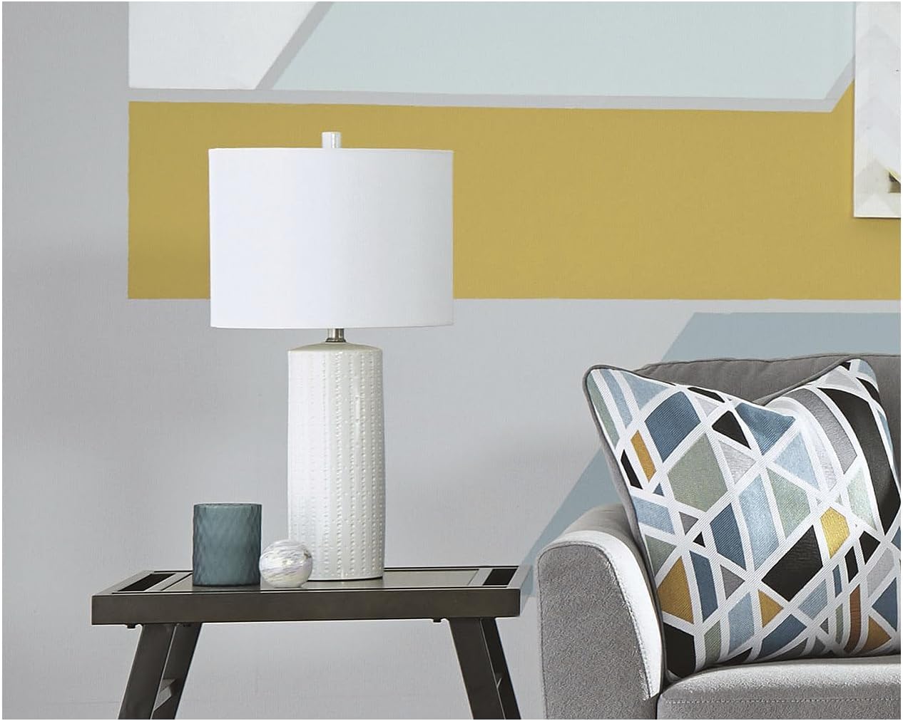 BOWERY HILL Contemporary Ceramic Table Lamp, 25.25" H, White Finish, Drum Shade, Set of 2, 3-Way Switch, Type A Bulb Compatible, Modern Lighting for Bedroom or Living Room Decor