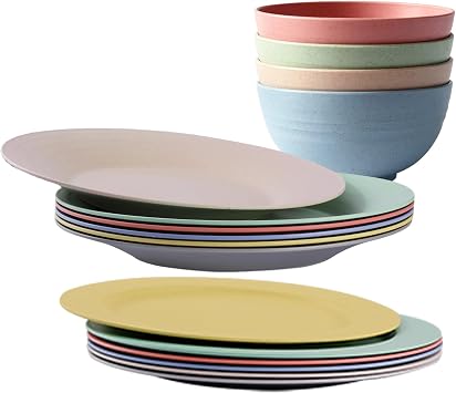 10inch/6pcs Deep Plates and Flat Plates + 24oz/4pcs Bowls, Unbreakable Microwave Safe Reusable Lightweight Plates and Bowls Sets Dishwasher Safe Dishes for Outdoor Camping RV, INS Series