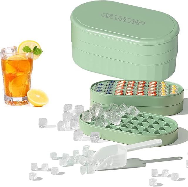 Ice Cube Tray with Lid and Bin, 72 Ice Cube Mould Silicone with 1 Ice Storage Box, 1 Ice Shovel, All Ice Cubes Fall Off in One Second, Suitable for Ice Making, Baby Food, Whiskey, Drinks(Green)