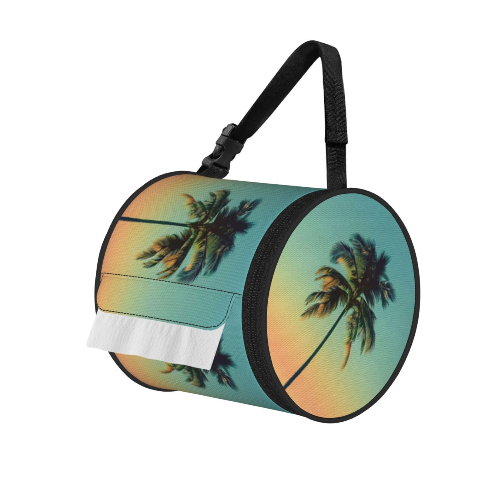 Palm Tree Printed Hanging Tissue Organizer, Smooth Zipper Oxford Cloth Roll Holder for RV Bathroom Desk