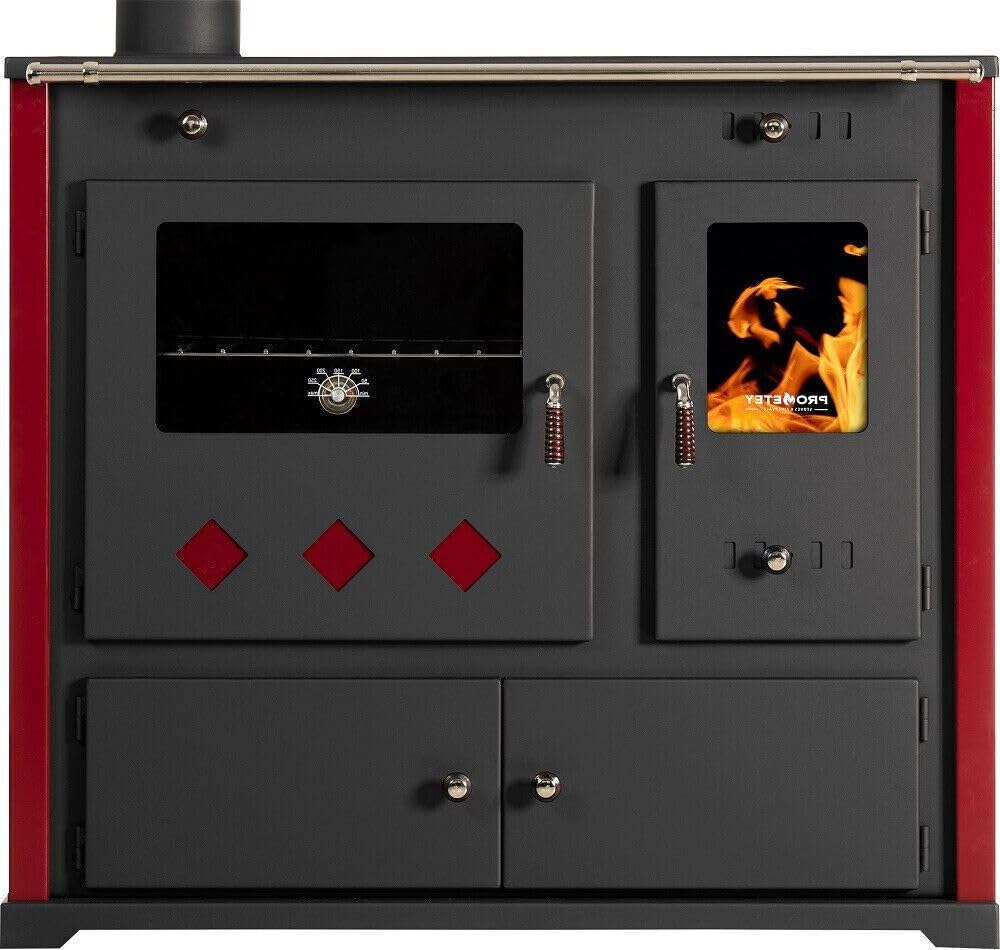 Prometey Praktik LUX, cuisinière à bois avec four et plaque de cuisson en fonte, 9,4 kW, A+, sortie de fumée à gauche Ø 130 mm, Bordeaux