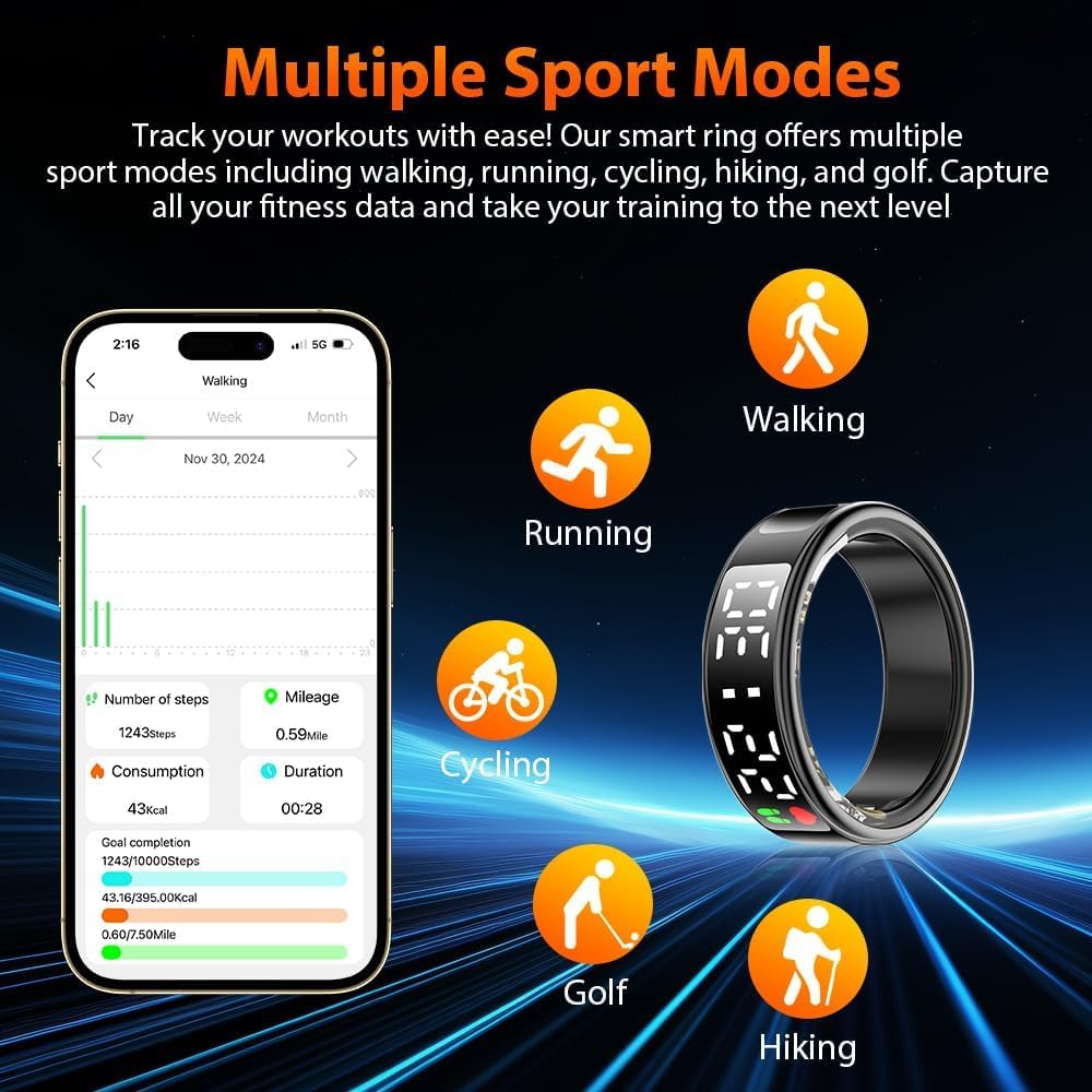 Inteligentny pierścień fitness z ekranem dotykowym LED, wodoodporny monitor zdrowia IP68, dla kobiet i mężczyzn, Bluetooth, pulsometr, pomiar snu, licznik kroków i monitor aktywności do