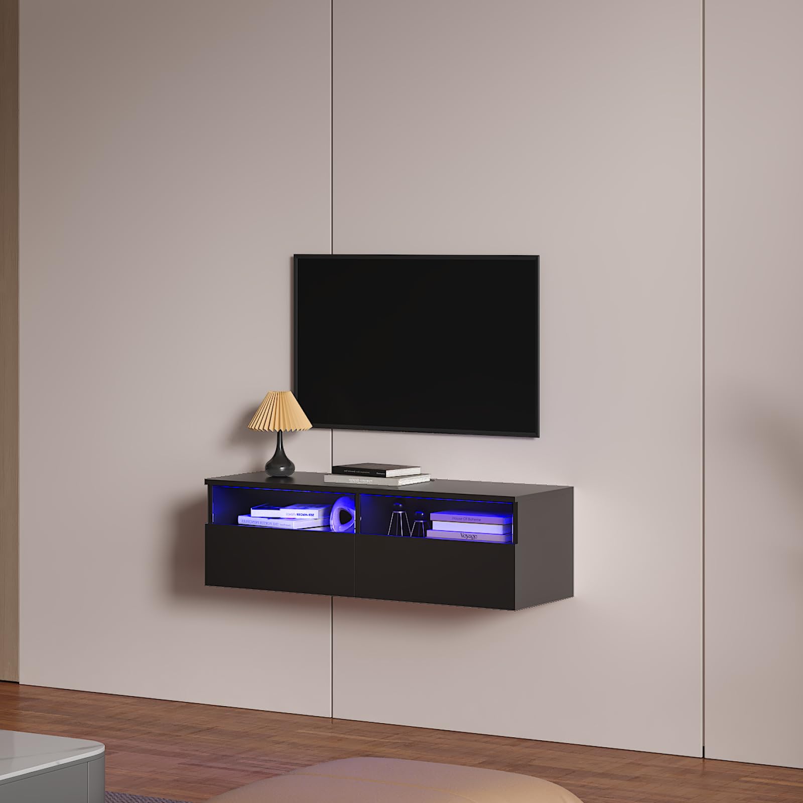 KEEPREAPER Lowboard 100cm TV Schrank mit LED-Beleuchtung hängend Schwarz | Fernsehschrank, griffloses TV-Board, 2 Schubladen mit Acryl für Wohnzimmer