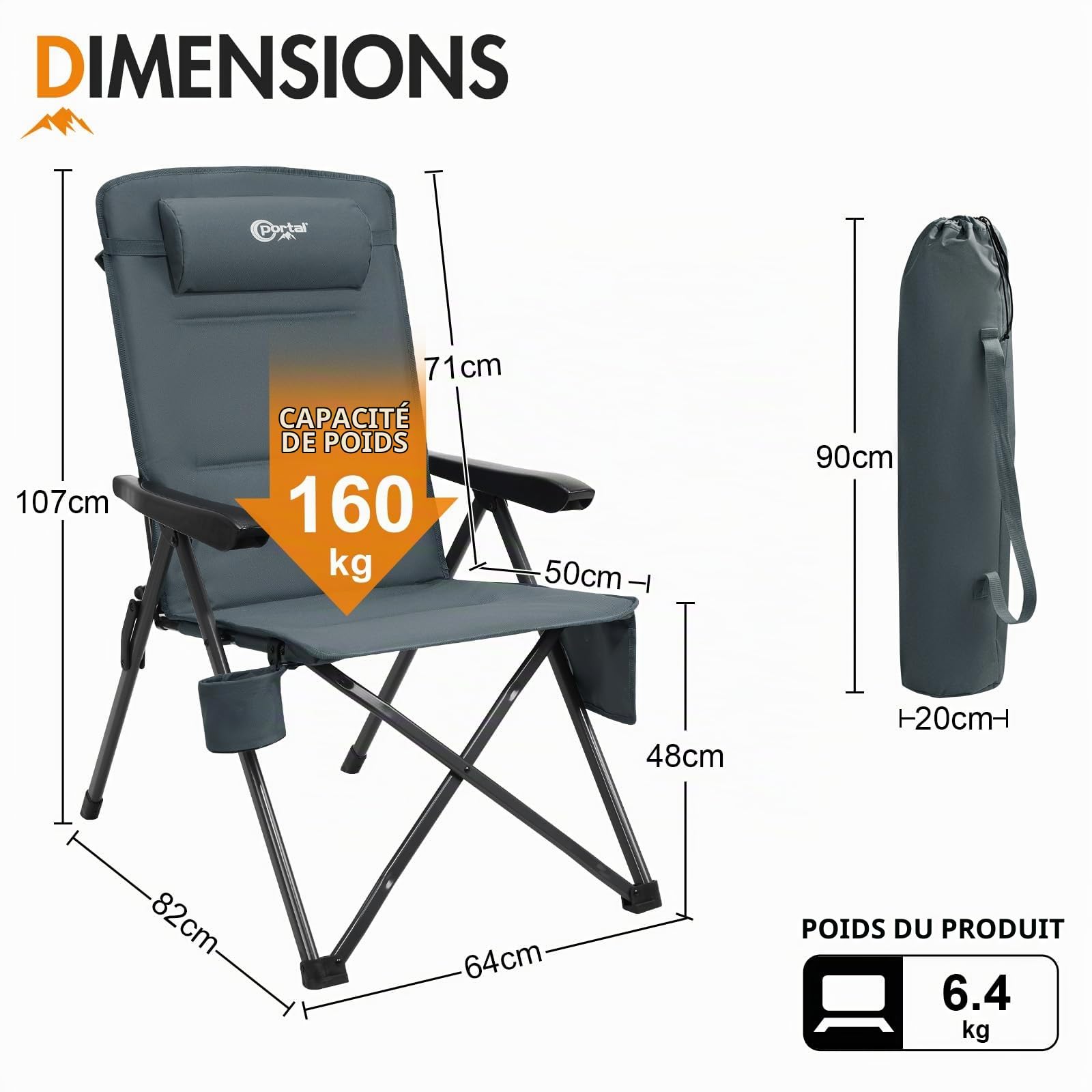 Portal Chaise Pliante Camping – Fauteuil de Jardin Portable Inclinable 160kg, Dossier Haut Réglable 3 Positions – Transat Confortable pour Plage, Terrasse, Balcon, Extérieur