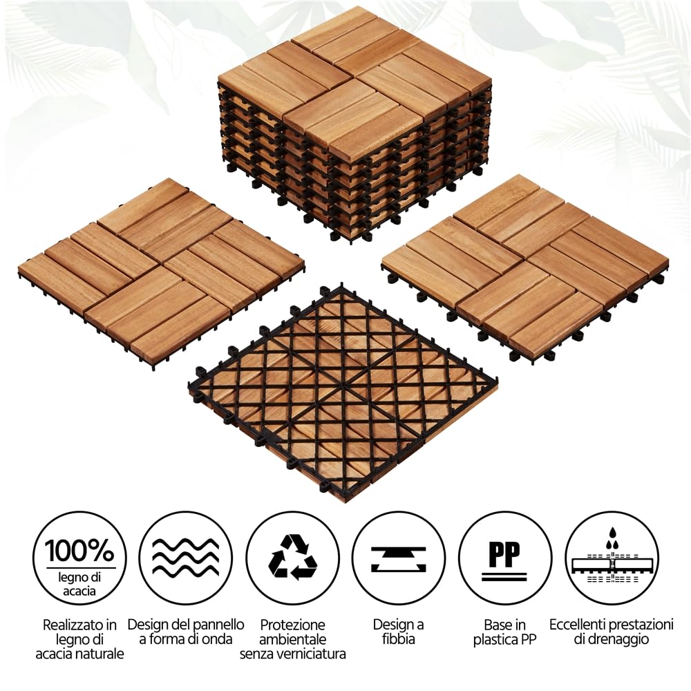 Yaheetech Piastrelle da Giardino in Legno di Acacia 30 x 30 cm Pavimento Impermeabile Resistenti alle Intemperie per Esterni Balconi Giardino Terrazzo 10 pcs
