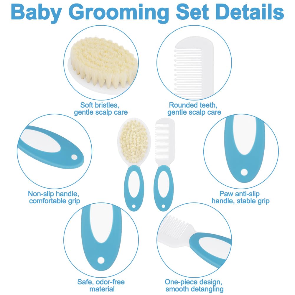3PCS Ensemble Brosse à Cheveux et Peigne pour Bébé, Brosse à Cheveux avec Poils Naturels Doux, Manche Antidérapant, Cadeau de Fête Prénatale, Ensemble de Soin des Cheveuxs, B