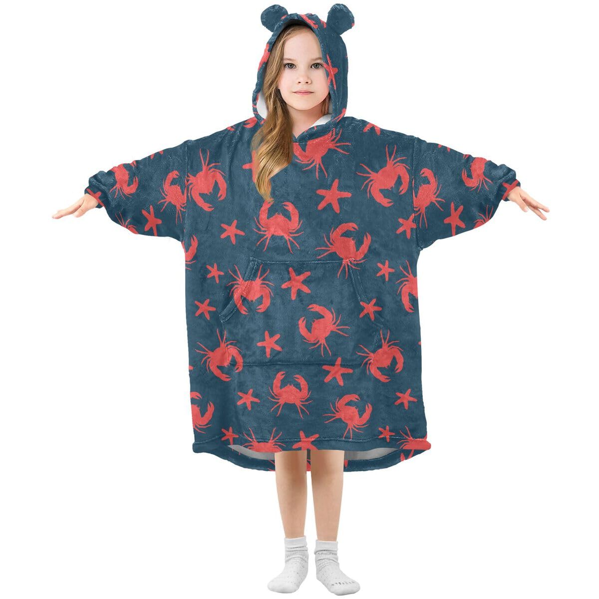 Ocean Red Crabs dziecięcy koc do noszenia bluza z kapturem oversize bluza koc sweter gwiazda dla chłopców i dziewcząt w wieku 3-14 lat