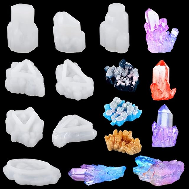 FineInno 8 PCS Crystal Cluster Moulds Set, Druzy Gem Moulds Silicone, Crystal Quartz Rock Epoxy Resin Mould for Candles, Isomalt, Cake Decor, jewellery Making