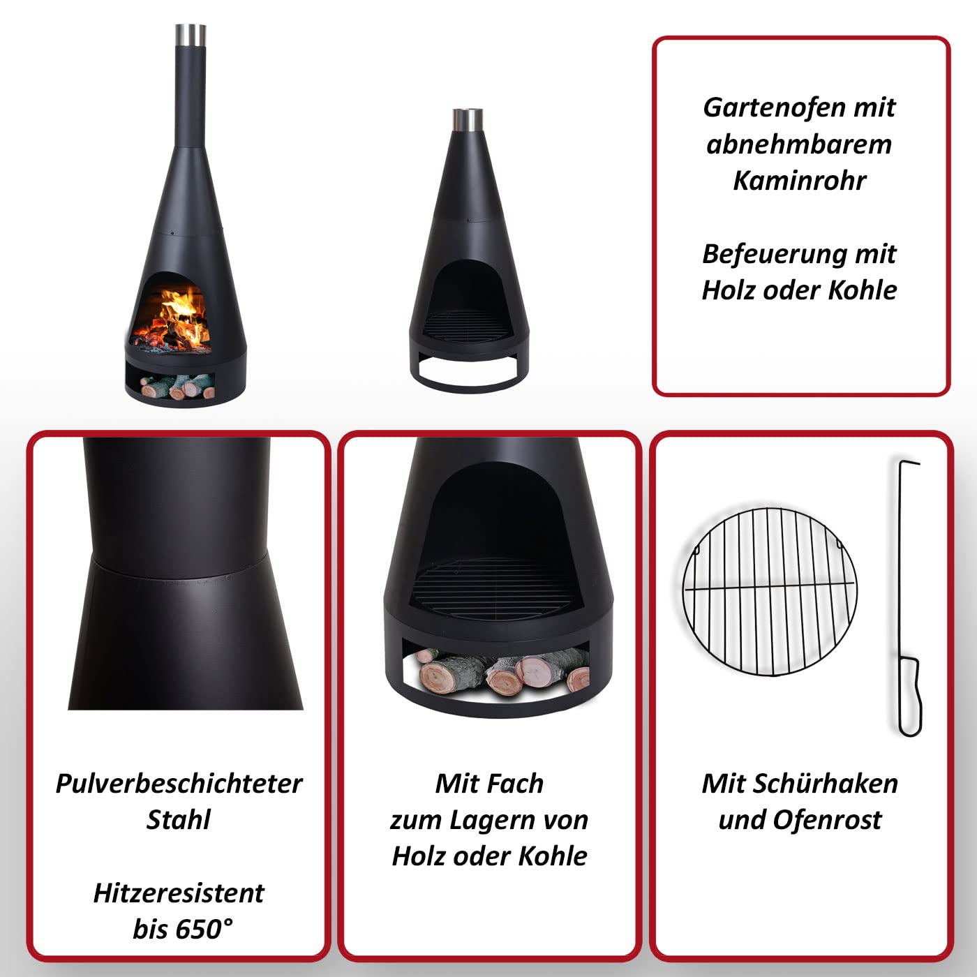 Gartenofen HWC-K90, Gartenkamin Terrassenkamin Terrassenofen, Schürhaken Feuerstelle - 120x43cm schwarz