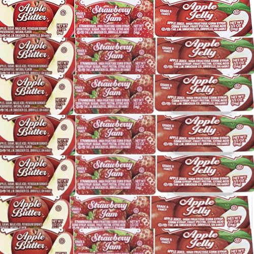 Variety Pack – Apple Butter, Strawberry Jam & Apple Jelly – 30 Single-Serve 0.5 oz Cups – Fat-Free, Kosher, Individually Sealed for Foodservice, Breakfast, Hotels, Buffets