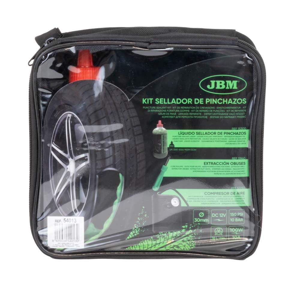 JBM 54013 Kit Sellador de Pinchazos, Líquido y Compresor de Aire, Caja de 20