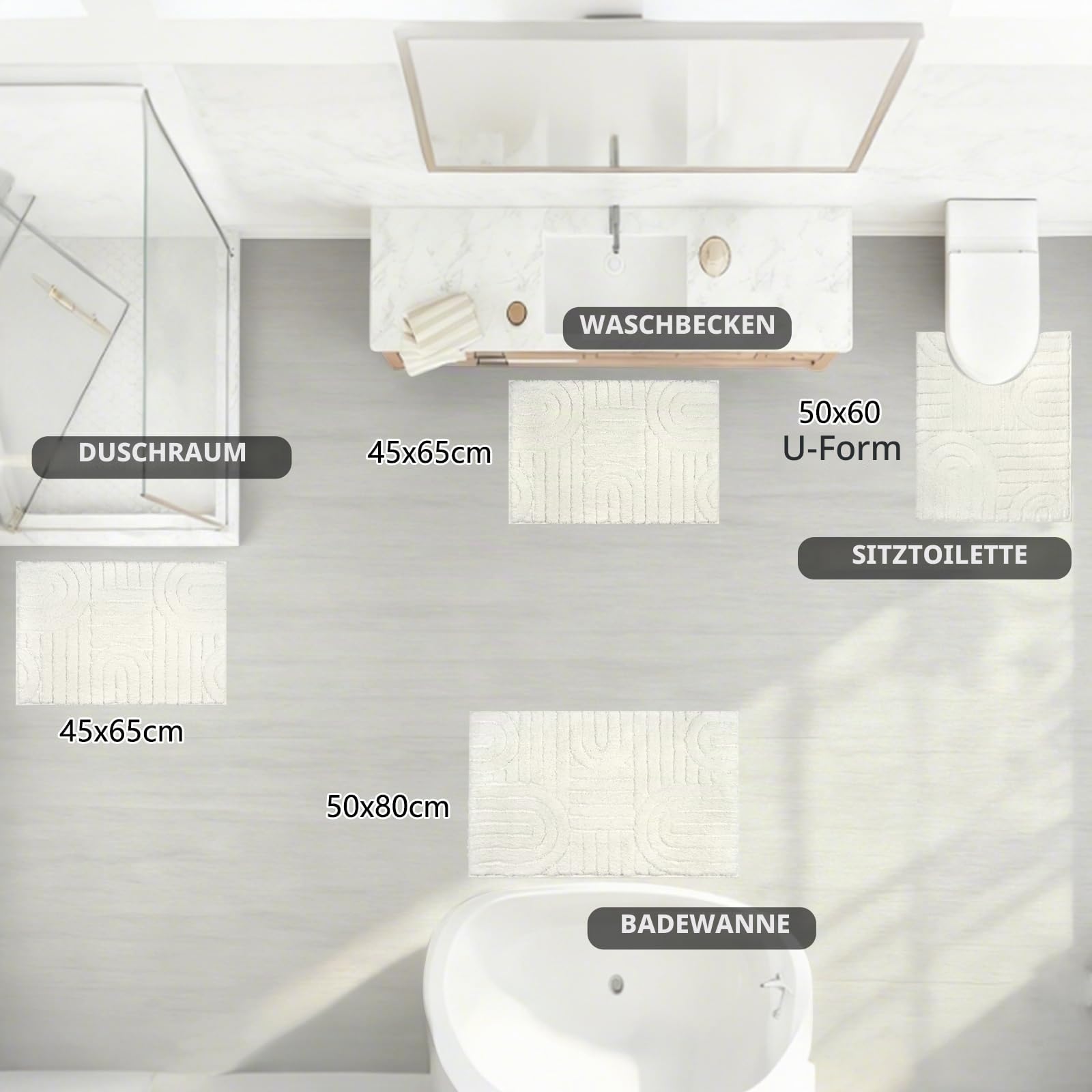 Homcomodar Badezimmerteppich Set 3 Weicher Mikrofaser Badematte rutschfest Badteppich Waschbar Badematte Wasserabsorbierend und U-Form Bad Toilette für Dusche, WC & Badewanne (White)