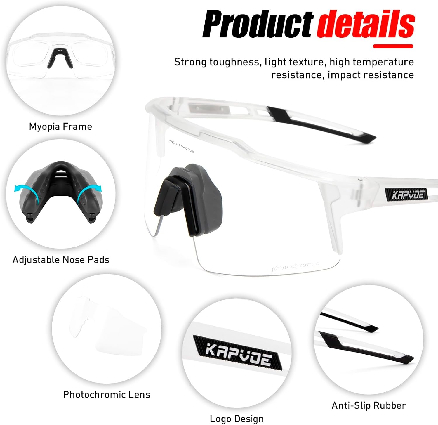KAPVOE Photochromic Cycling Glasses Men Women Clear Transition Mountain Bike Sunglasses Sports Baseball Running - K9023 - Image 4