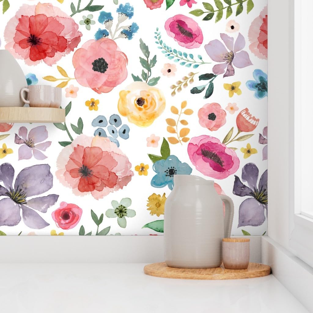 Peel & Stick Wallpaper 3ft x 2ft - Floral Fiesta Flowers Bright Red Blue Yellow Boho Custom Removable Wallpaper by Spoonflower